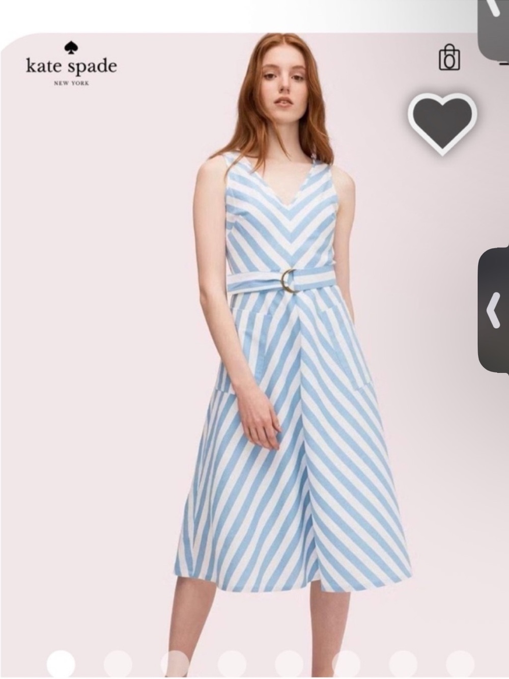 kate spade Light Blue & White Striped V‑Neck Belted Midi deck Dress 14 NWOT
